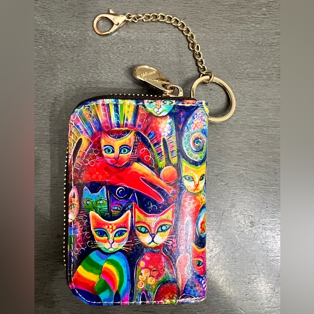 NWOT Colorful Cat Print Wallet with Goldtone Chain & clip